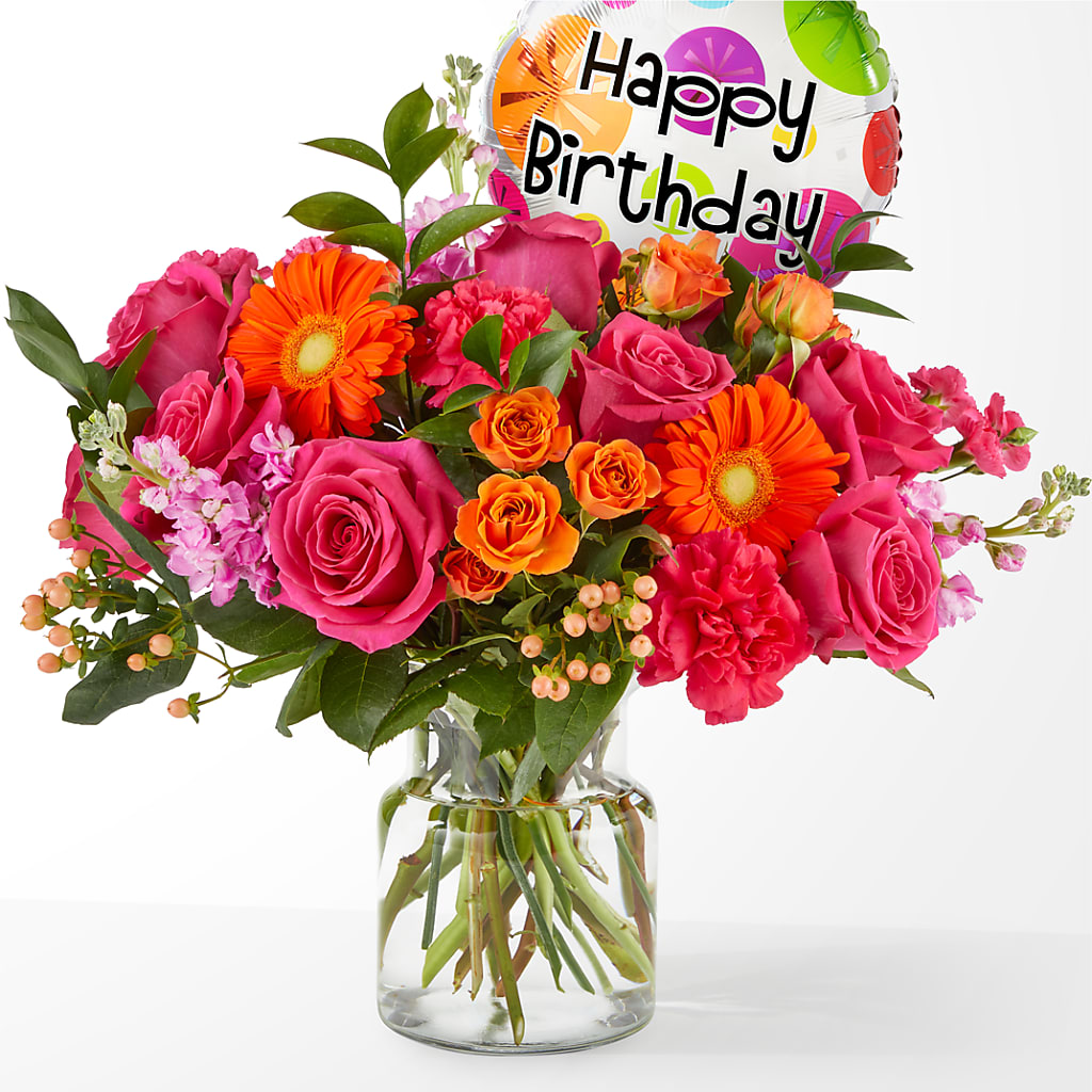 Fiesta Bouquet with Birthday Balloon – North Shore Florist, North Vancouver BC