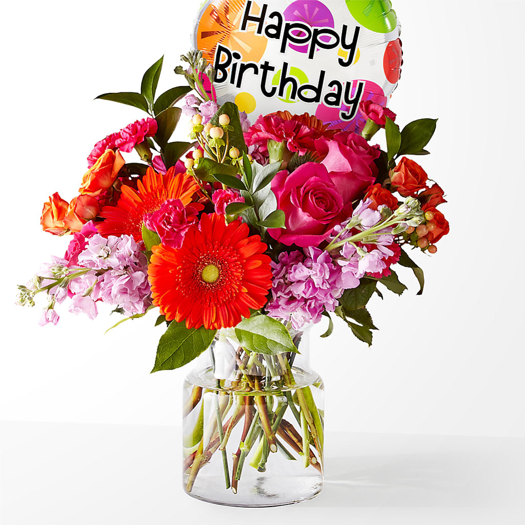 Fiesta Bouquet with Birthday Balloon – North Shore Florist, North Vancouver BC