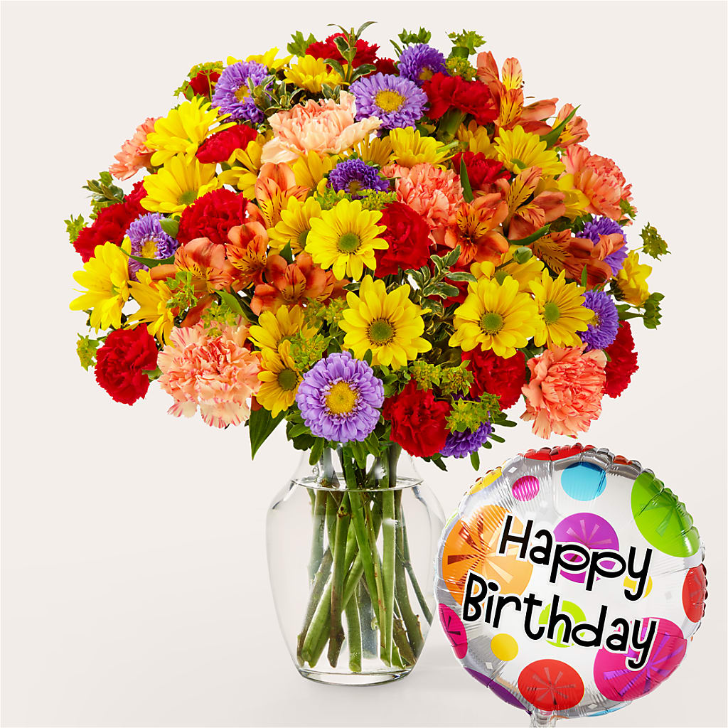 Kaleidoscope Bouquet with Birthday Balloon – North Shore Florist, North Vancouver BC