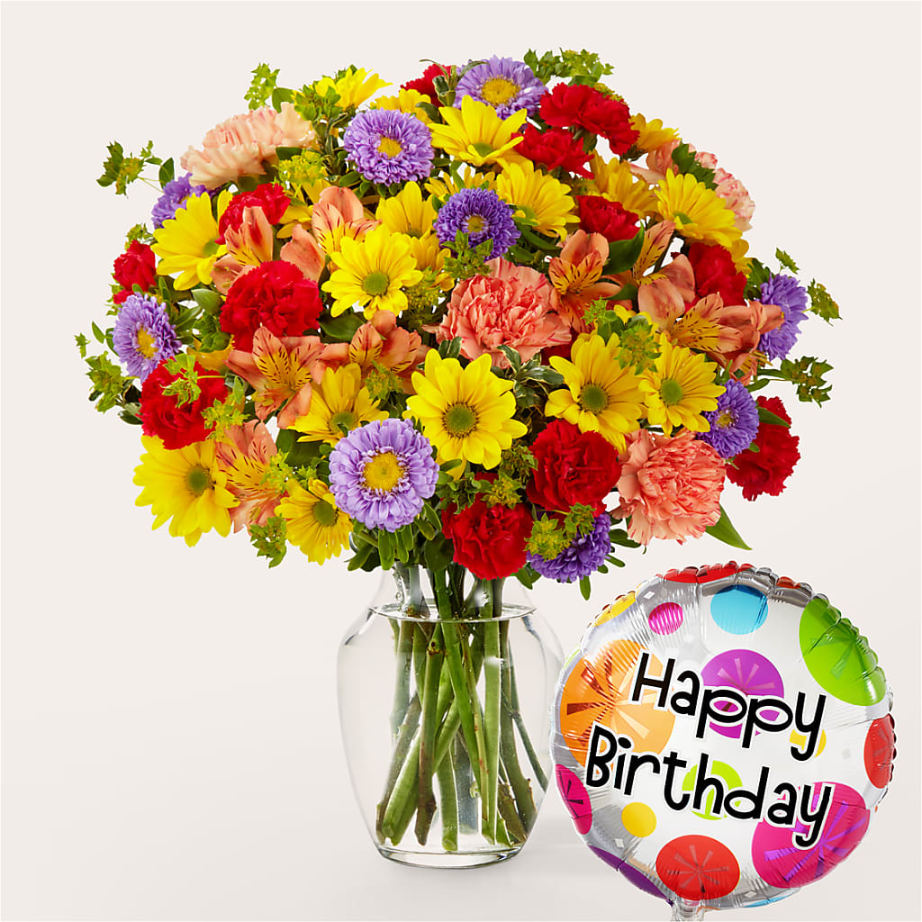 Kaleidoscope Bouquet with Birthday Balloon – North Shore Florist, North Vancouver BC