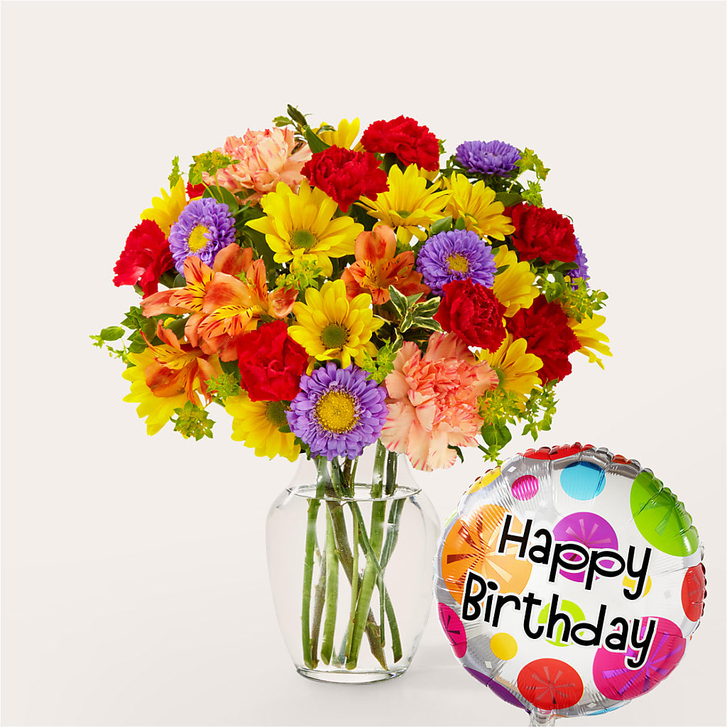Kaleidoscope Bouquet with Birthday Balloon – North Shore Florist, North Vancouver BC