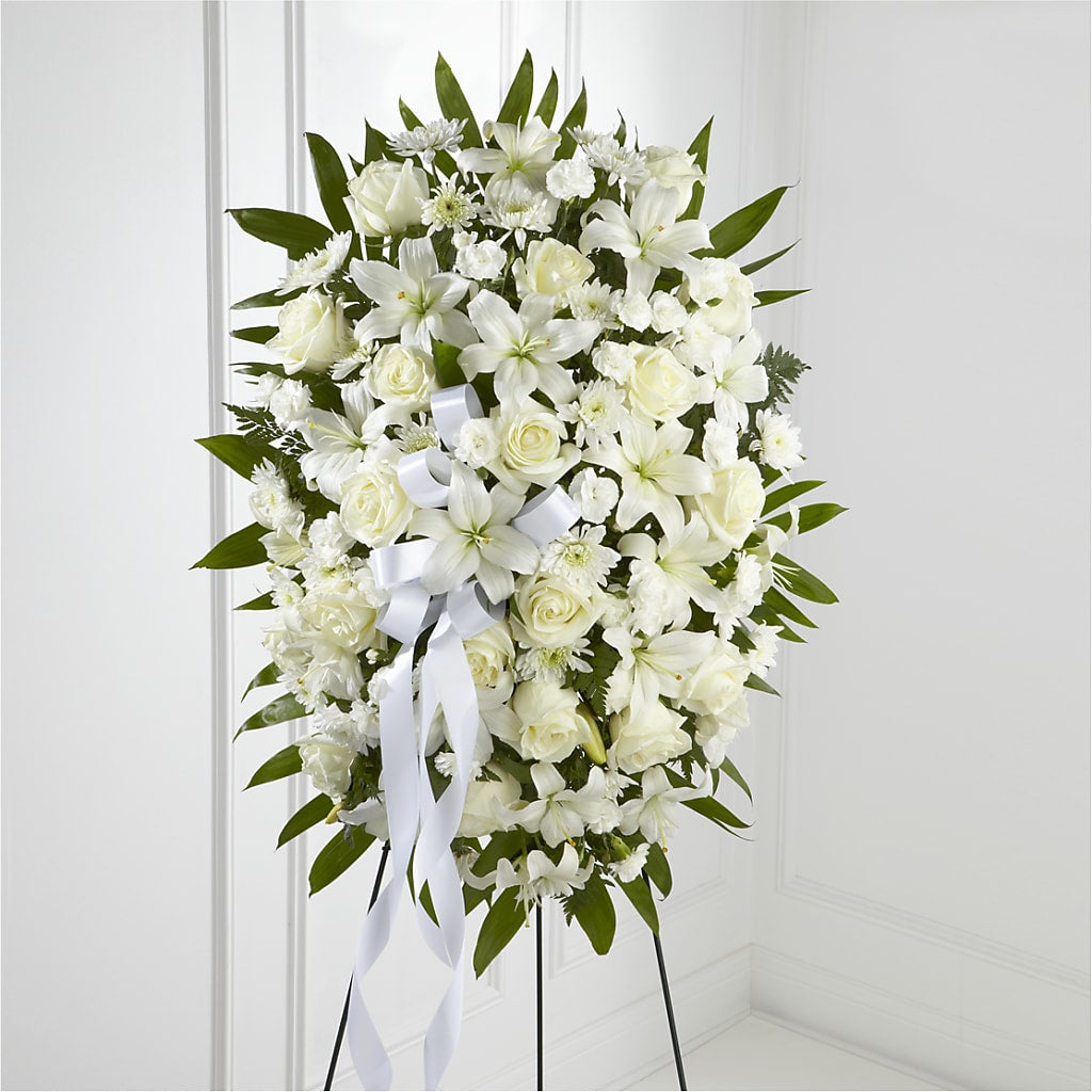 Exquisite Tribute Standing Spray-White Ribbon – North Shore Florist, North Vancouver BC
